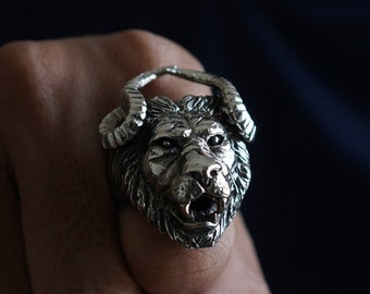 lion Horned goat ring for men made of sterling silver 925 Satan style