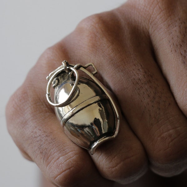 anillo de granadas de mano para hombres hecho de plata de ley 925 Military