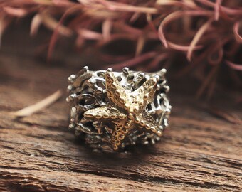 Starfish coral Ring for women made of sterling silver 925 nautical style