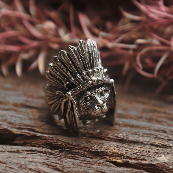 cat indian feather headdress ring for women made of sterling silver 925 Boho style