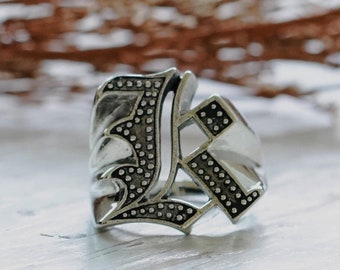K letter old english ring for men made of sterling silver 925 biker style