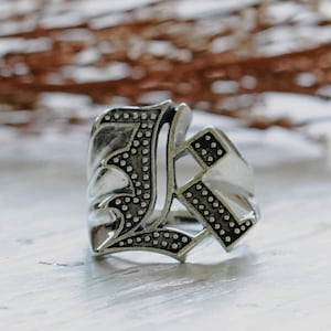K letter old english ring for men made of sterling silver 925 biker style