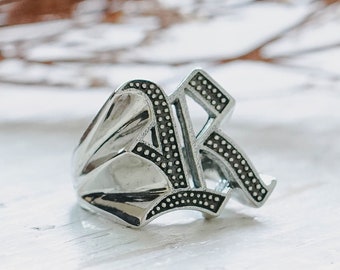 R letter oude Engelse ring voor mannen gemaakt van sterling zilver 925 biker stijl