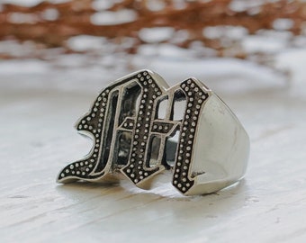 M letter old english ring for men made of sterling silver 925 biker style