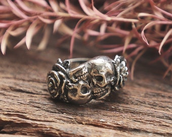 Anello da uomo con teschio, fiore e rosa in argento sterling 925, stile vintage
