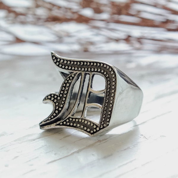 D letter old english ring for men made of sterling silver 925 biker style