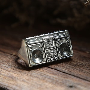 retro boombox ring voor mannen gemaakt van sterling zilver 925 vintage 2 vingers stijl