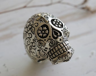 Skull sugar Cross Ring for men made of sterling silver and brass Mexican style