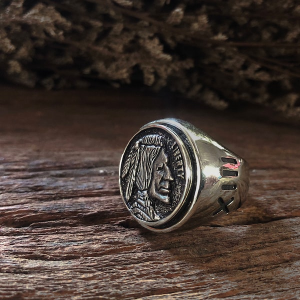 Hobo nickel brave ring for men made of sterling silver 925 Biker style