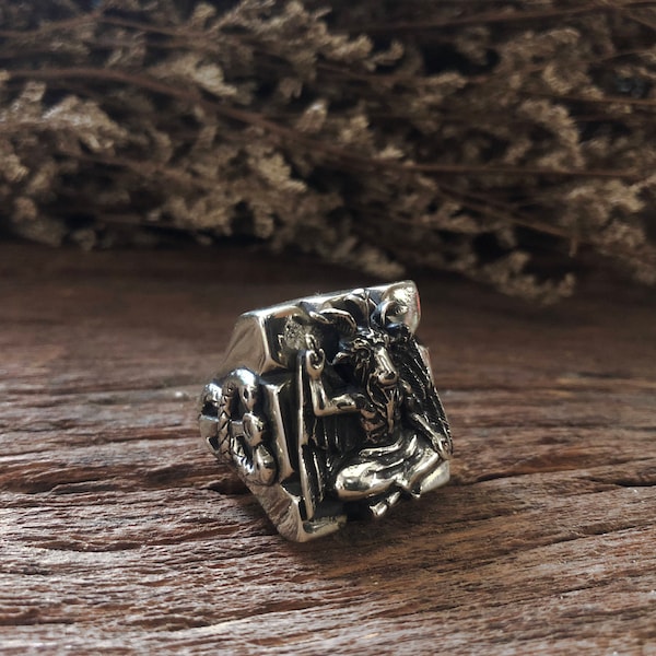 Baphomet Pentagram Caduceus ring for unisex made of sterling silver 925 satanic style