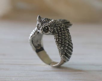Owl Ring, Bird ring, Angel Wings ring, feather ring, Boho ring, animal ring, sterling silver, handmade ring, tattoos, Celtic ring biker