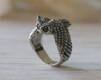 Owl Bird Ring or Angel Wings for unisex made of sterling silver 925 Boho style