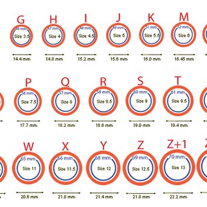 Pode incluir: Um gr&aacute;fico que mostra os tamanhos dos an&eacute;is em mil&iacute;metros e polegadas. O gr&aacute;fico est&aacute; organizado por letra, come&ccedil;ando com F e terminando com Z+2. Cada tamanho de anel &eacute; representado por um c&iacute;rculo vermelho com um c&iacute;rculo interior branco e texto preto. O texto indica o tamanho do anel em mil&iacute;metros e polegadas.