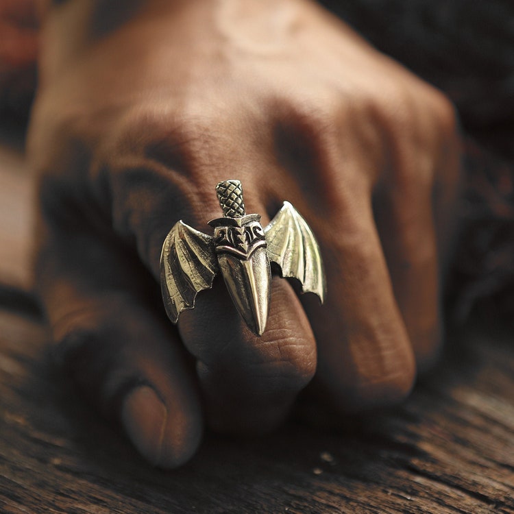 Mittelalter Schwert und Fledermaus Flügel Ring für Männer aus Sterling Silber 925 Biker Style