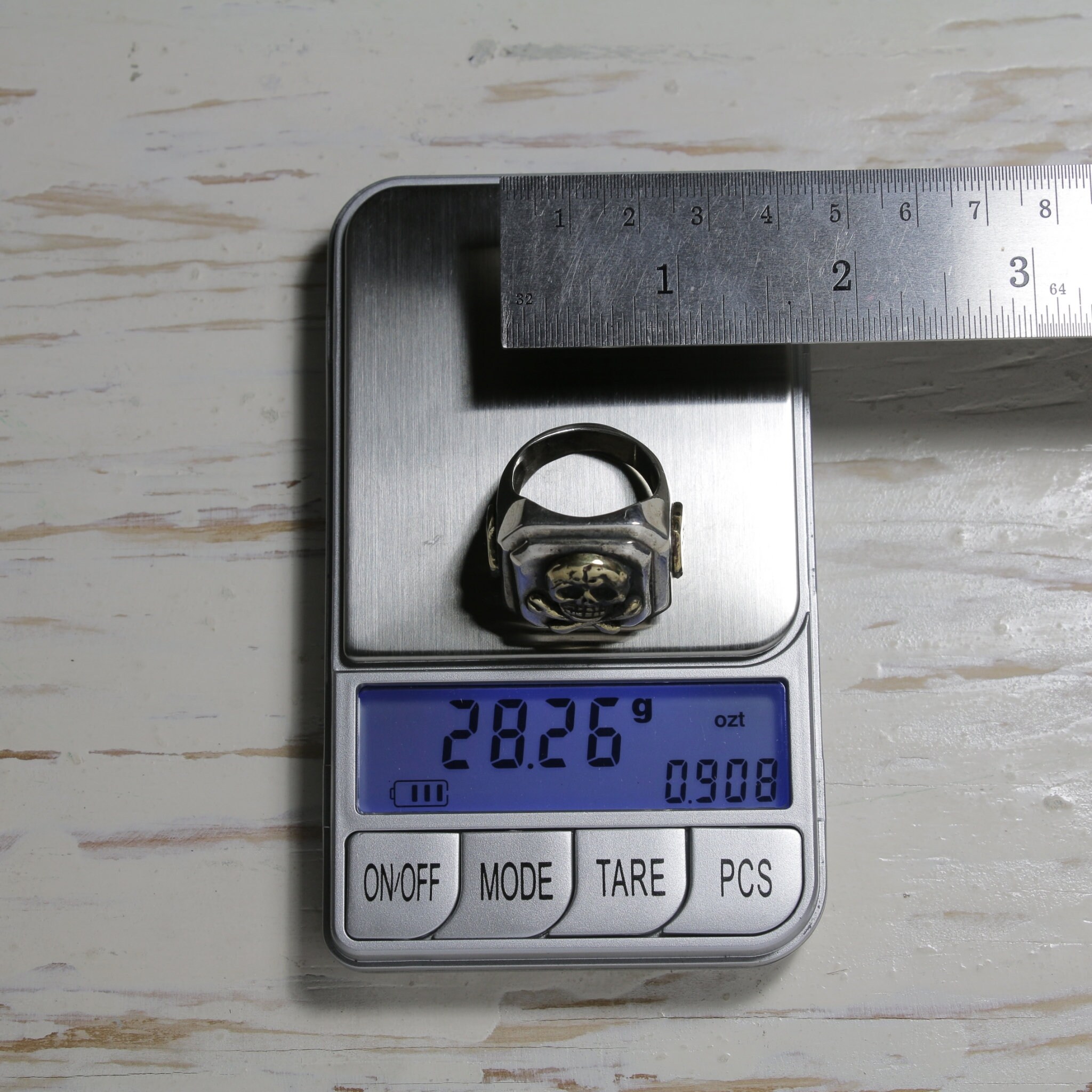 スカルクロスボーンメキシカンバイカーリング、メンズ、スターリング