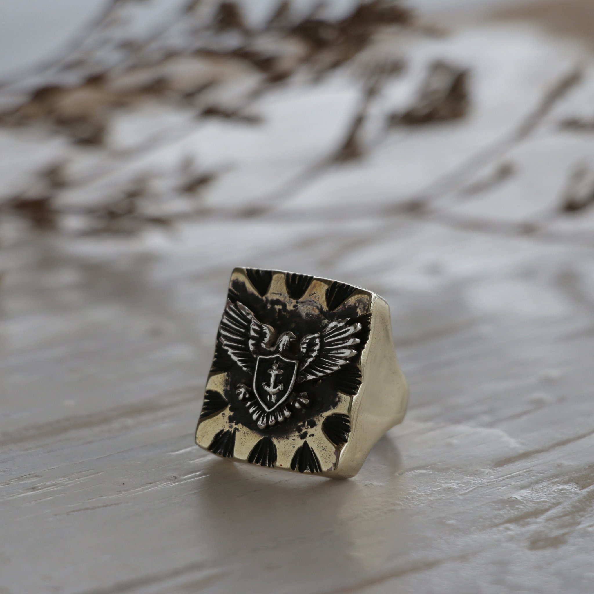 Eagles Mexican Biker Ring for Man Made of Brass and Silver