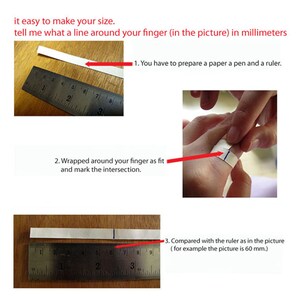 May include: Image showing instructions on how to measure finger size using a ruler, paper, and pen. The text reads: "it easy to make your size. tell me what a line around your finger (in the picture) in millimeters."