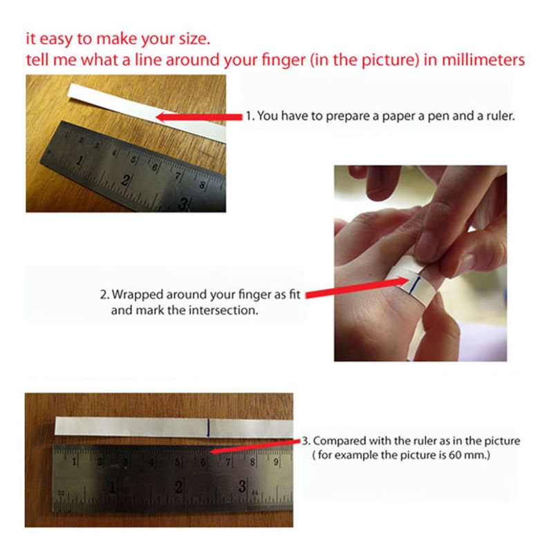 May include: Image showing instructions on how to measure finger size using a ruler, paper, and pen. The text reads: "it easy to make your size. tell me what a line around your finger (in the picture) in millimeters."