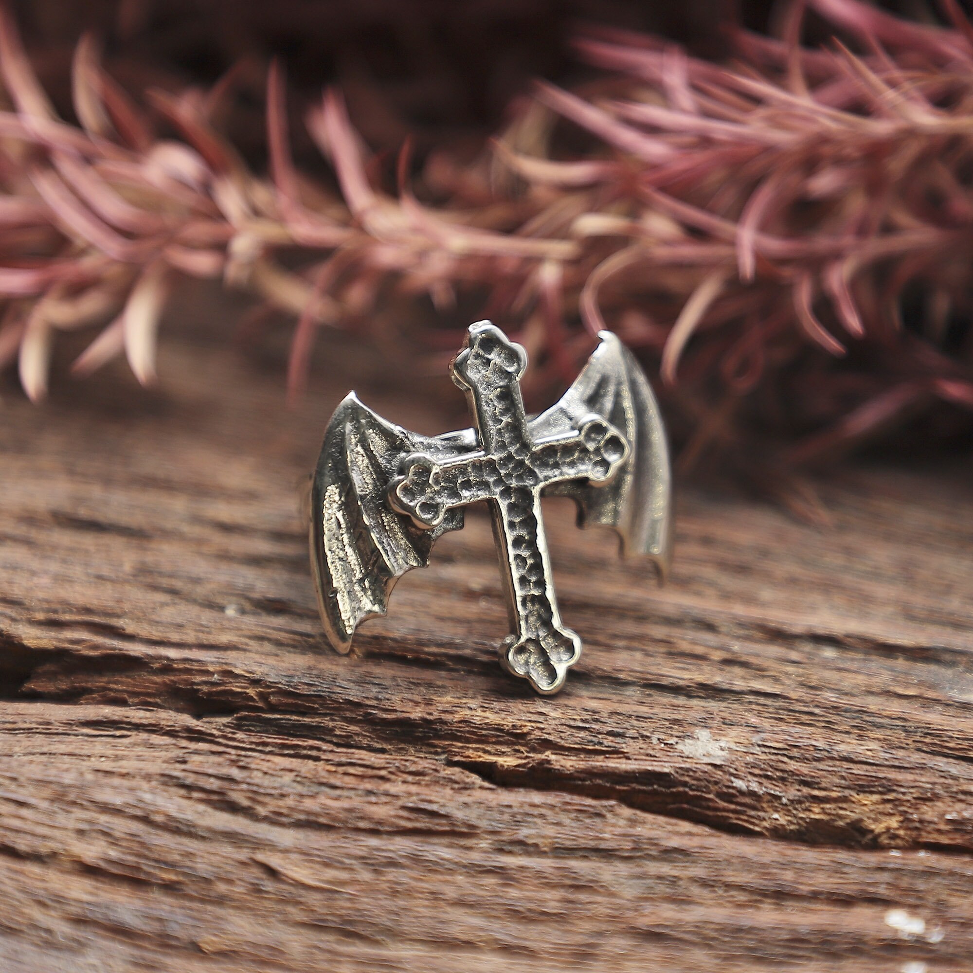 Cross Gothic Bat Wing Ring for Men Made of Sterling Silver 925 Vintage ...