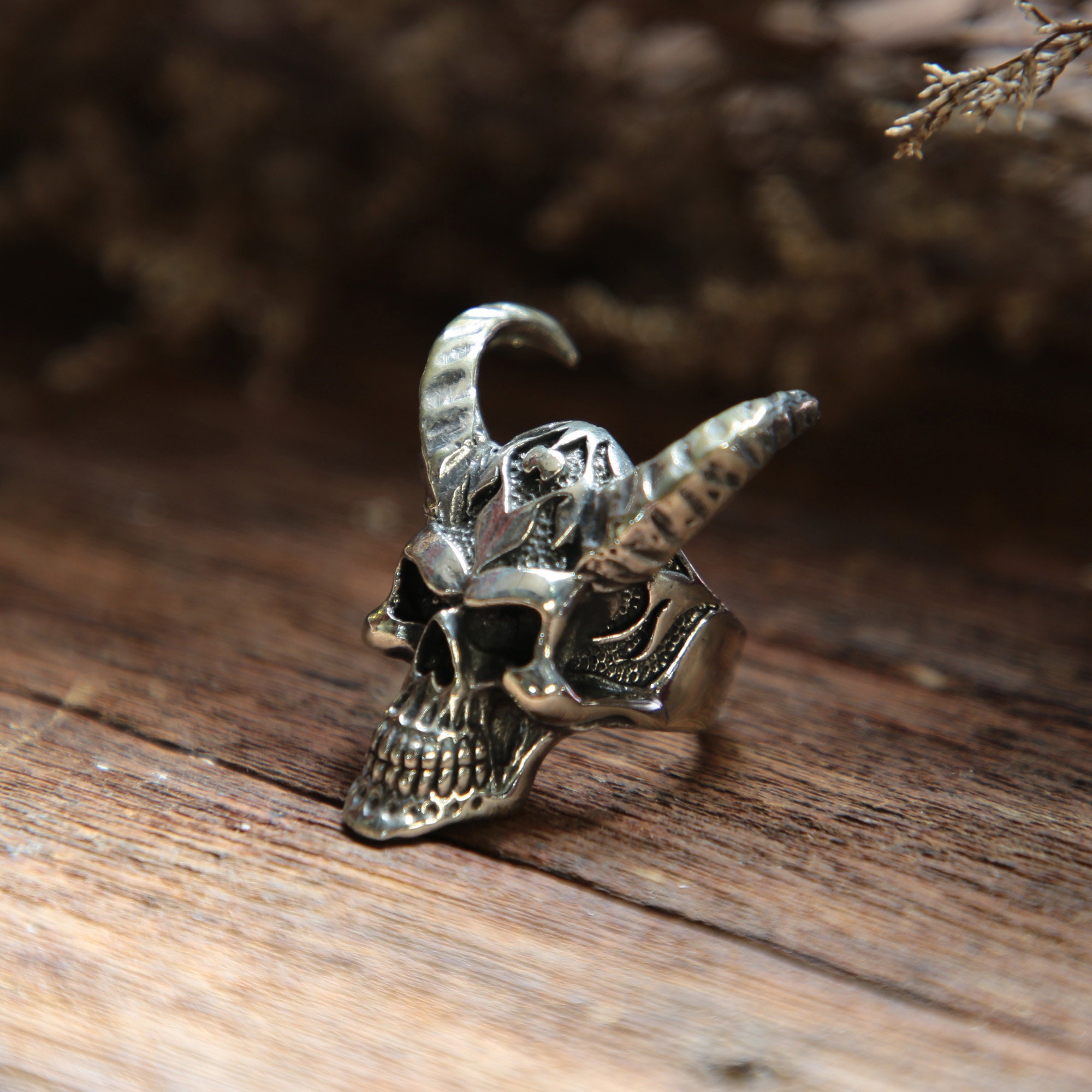 Fire skull Horned buffalo ring for men made of sterling silver Etsy