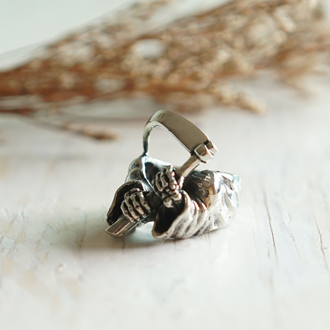 Anello Biker GRIM REAPER Con Falce, Argento, Taglia A Scelta, Gioiello Uomo Novelty, Nuovo