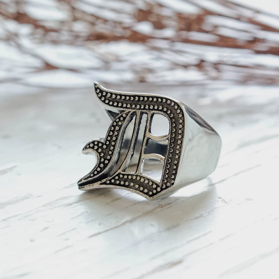 男性用D文字オールドイングリッシュリング、スターリングシルバー925製