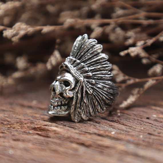 Anello Da Motociclista Con Teschio E Capo Indiano, Gioiello In Argento Sterling 925 Da 17 G, Timbrato BELDIAMO - Italia - Foto 9