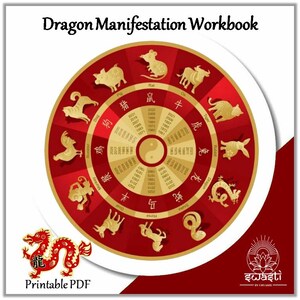 Op de afbeelding: Een rood en goud Dragon Manifestation Workbook met een cirkelvormig ontwerp met dierenillustraties van de dierenriem. De tekst "Dragon Manifestation Workbook" en "Printable PDF" zijn zichtbaar. De afbeelding bevat het logo van "इwasti".