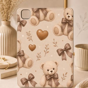 Teddy Bear Tablet Folio Case | Mocha Hearts, Satin Bows, Neutral Beige Protection