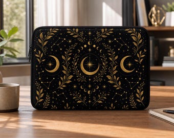 Laptophoes met gouden halve maanmotief | Tas met sterrenpatroon