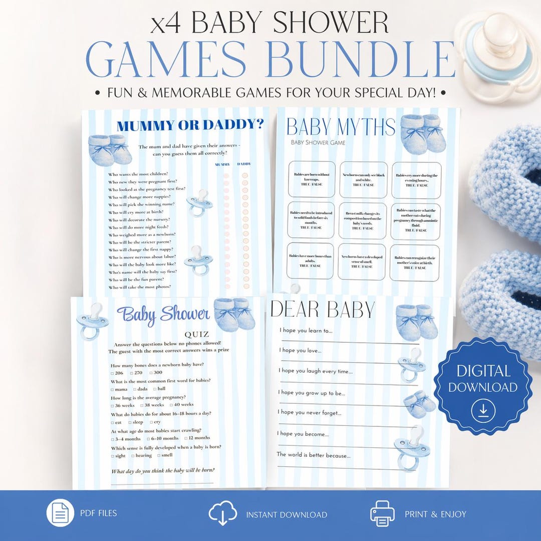 Blue Baby Shower Games Bundle Printable | Baby Boy Shower Games | 4 ...
