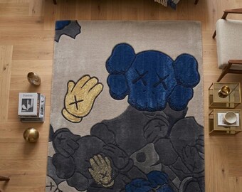 Alfombra de lana tejida a mano inspirada en KAWS, alfombra abstracta gris y negra, decoración de lujo Hypebeast.