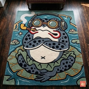 Smoking Frog Wool Hand Tufted Rug , Corner Playroom Rug for Kids, Headphone Carpets