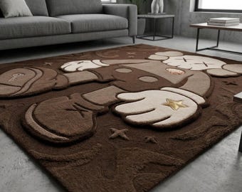 Brun KAWS-inspirerad handtuftad matta, popkonstmatta, Hypebeast Decor, hög låg lugg