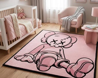 Alfombra rosa de lana tejida a mano inspirada en KAWS, alfombra abstracta de arte pop, decoración de lujo Hypebeast.