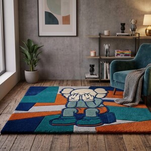 Orange KAWS-inspirerad handtuftad ullmatta, popkonst abstrakt matta, Hypebeast Decor bild 5