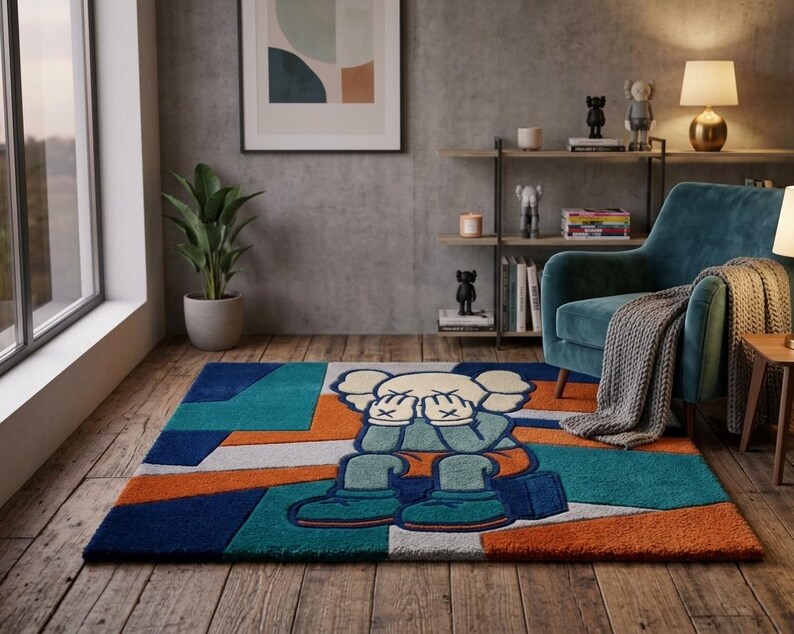 Orange KAWS-inspirerad handtuftad ullmatta, popkonst abstrakt matta, Hypebeast Decor bild 5