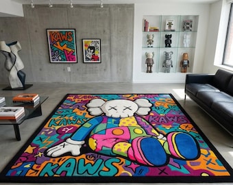 Stor KAWS-inspirerad handtuftad ullmatta, färgglad gatukonstmatta, lyxig Hypebeast-dekor