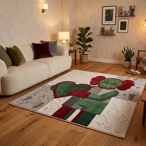 May include: A rectangular area rug featuring a large, stylised character graphic in shades of red, green, and grey. The design includes a central figure holding a heart, surrounded by repeating skull and crossbone motifs on a light grey background.