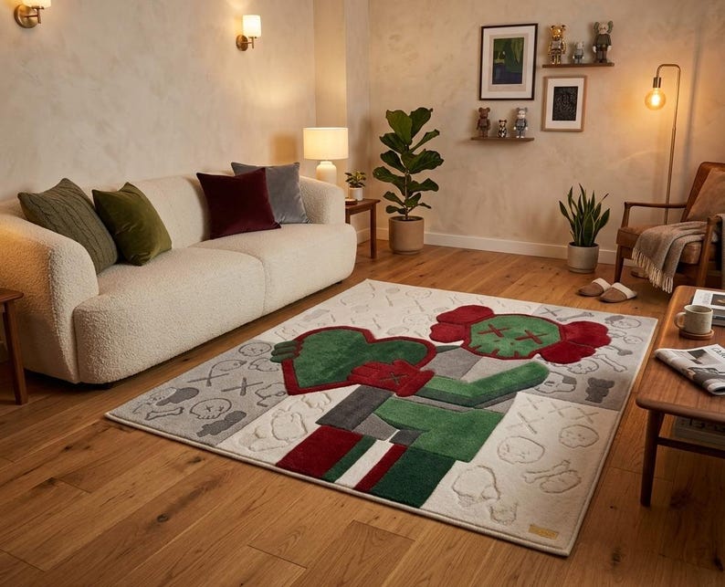 May include: A rectangular area rug featuring a large, stylised character graphic in shades of red, green, and grey. The design includes a central figure holding a heart, surrounded by repeating skull and crossbone motifs on a light grey background.
