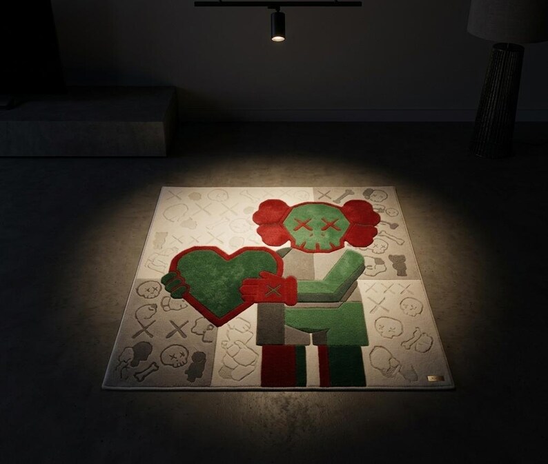 Green KAWS Inspired Hand Tufted Wool Rug, Pop Art Abstract Carpet, Hypebeast Decor image 6