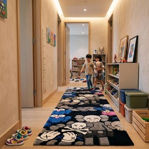 May include: A long rectangular area rug featuring a repeating pattern of cartoon-style figures with crossed-out eyes and skull motifs in shades of black, blue, gray, and pink, positioned in a hallway with light-colored walls and wooden flooring.