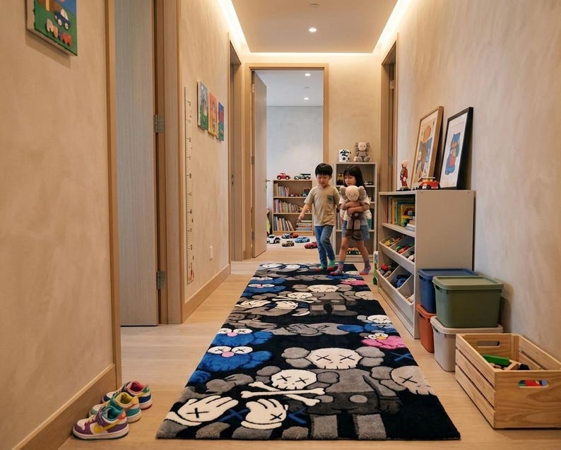 May include: A long rectangular area rug featuring a repeating pattern of cartoon-style figures with crossed-out eyes and skull motifs in shades of black, blue, gray, and pink, positioned in a hallway with light-colored walls and wooden flooring.