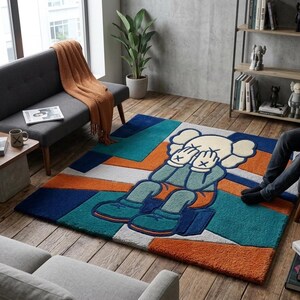 Orange KAWS-inspirerad handtuftad ullmatta, popkonst abstrakt matta, Hypebeast Decor bild 7