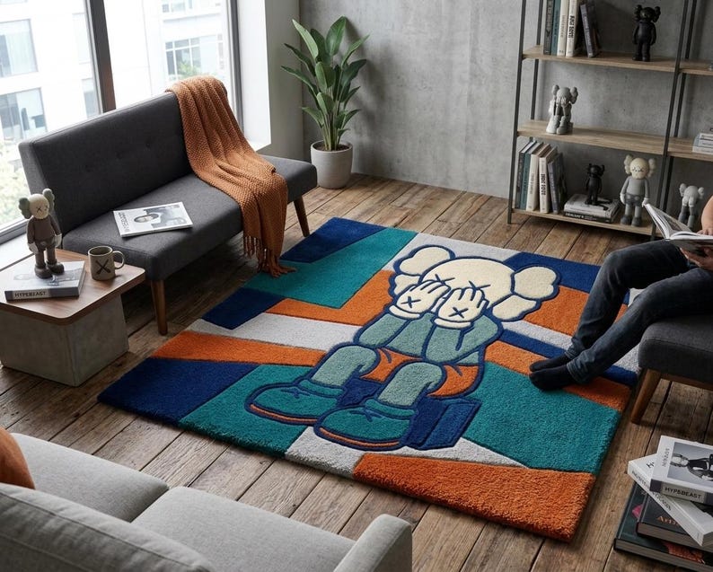 Orange KAWS-inspirerad handtuftad ullmatta, popkonst abstrakt matta, Hypebeast Decor bild 7