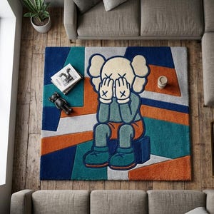 Orange KAWS-inspirerad handtuftad ullmatta, popkonst abstrakt matta, Hypebeast Decor bild 6