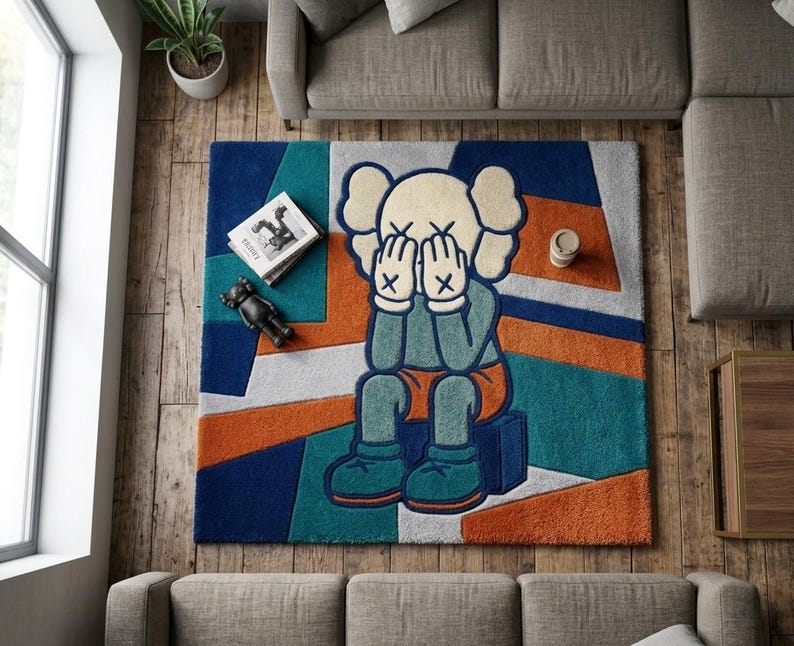 Orange KAWS-inspirerad handtuftad ullmatta, popkonst abstrakt matta, Hypebeast Decor bild 6