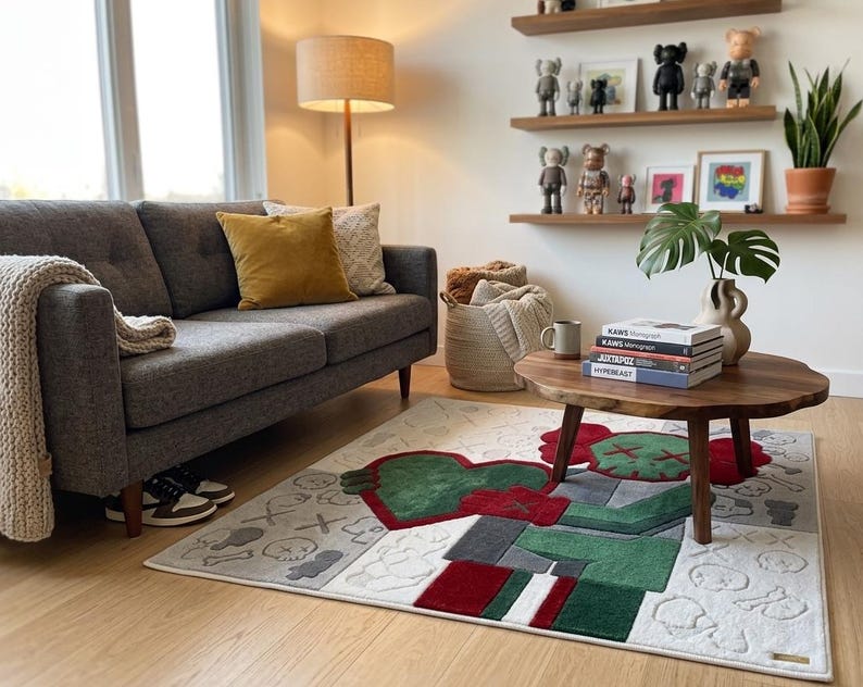 Green KAWS Inspired Hand Tufted Wool Rug, Pop Art Abstract Carpet, Hypebeast Decor image 7