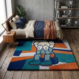 Orange KAWS-inspirerad handtuftad ullmatta, popkonst abstrakt matta, Hypebeast Decor bild 2