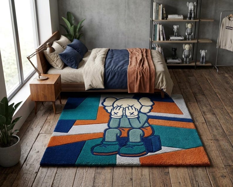 Orange KAWS-inspirerad handtuftad ullmatta, popkonst abstrakt matta, Hypebeast Decor bild 2